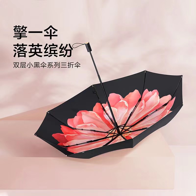 蕉下2022年-双层小黑伞系列三折伞桃捻